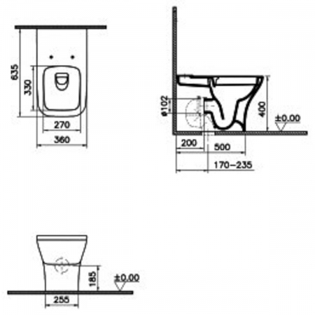 Vase WC clasice / monobloc - Vas WC smoothflush lipit de perete, 63cm, fara orificii laterale | 7488L003-0585