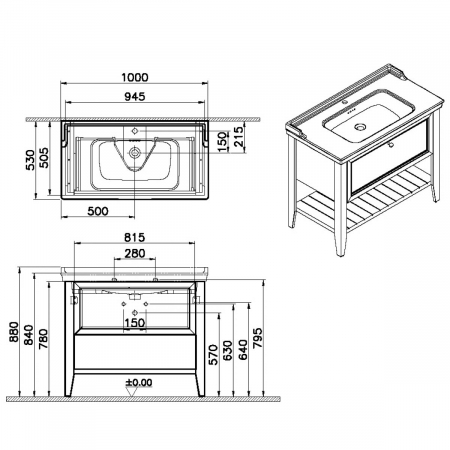 Unitate de baza lavoar baie 100cm, cu 1 drawer, cu vanity lavoar / chiuveta baie cu orificiu baterie, steel albastru | 65777 [1]