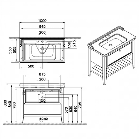 Unitate de baza lavoar baie 100cm, cu 1 drawer, cu vanity lavoar / chiuveta baie 3 orificii pentru robinet, retro green | 65819 [1]
