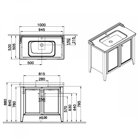 Unitate de baza lavoar baie 100cm, cu usi, cu vanity lavoar / chiuveta baie cu orificiu baterie, steel albastru | 65767 [1]