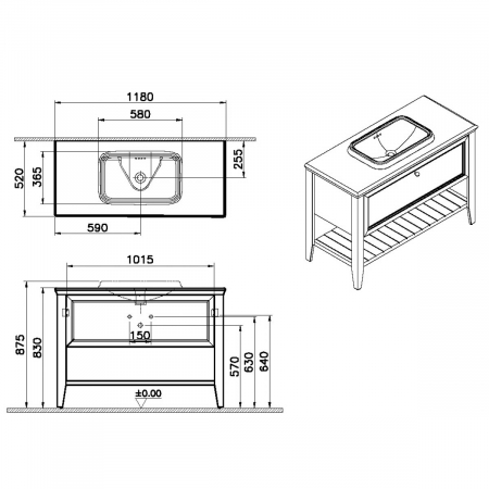 Unitate de baza lavoar baie 120 cm, cu 1 drawer, cu pe blat lavoar / chiuveta baie cu marble counter, steel albastru | 65783 [1]