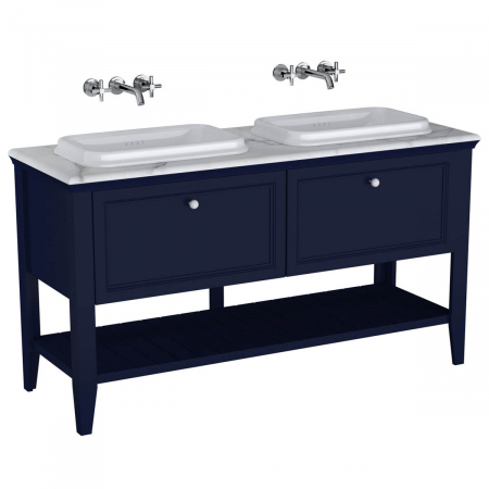Mobilier de baie - Unitate de baza lavoar baie, 150cm, cu 2 drawers, cu pe blat lavoar / chiuveta baie cu lavoar dublu / chiuveta baie dubla, cu marble counter, steel albastru | 65786