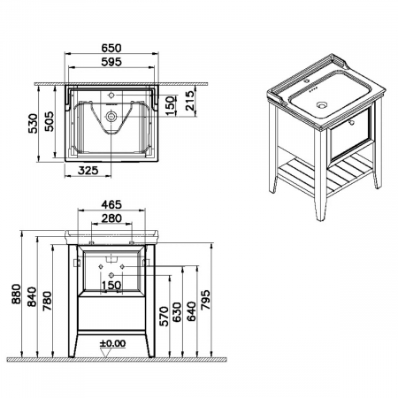 Unitate de baza lavoar baie, 65cm, cu 1 drawer, cu vanity lavoar / chiuveta baie cu orificiu baterie, retro green | 65814 [1]
