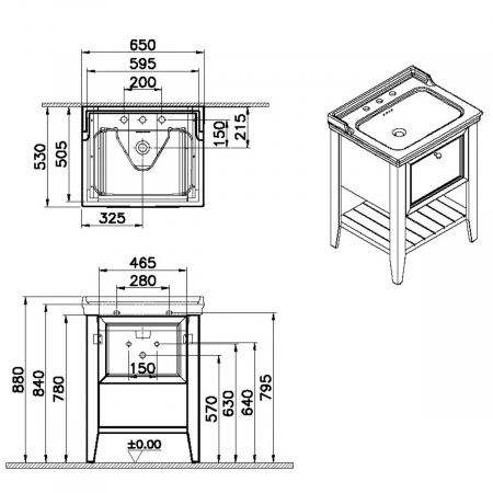 Unitate de baza lavoar baie, 65cm, cu 1 drawer, cu vanity lavoar / chiuveta baie 3 orificii pentru robinet, steel albastru | 65778 [1]