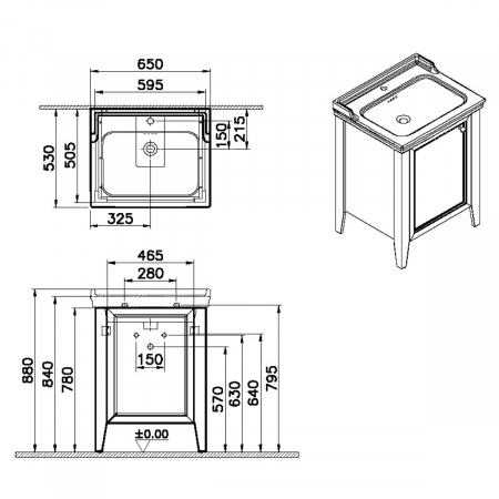Unitate de baza lavoar baie, 65cm, cu usi, cu vanity lavoar / chiuveta baie cu orificiu baterie, retro green, stanga | 65803 [1]