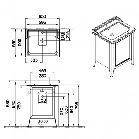 Unitate de baza lavoar baie, 65cm, cu usi, cu vanity lavoar / chiuveta baie cu orificiu baterie, steel albastru, dreapta | 65765 [1]
