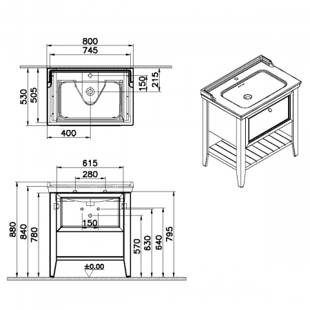 Unitate de baza lavoar baie 80cm, cu 1 drawer, cu vanity lavoar / chiuveta baie cu orificiu baterie, retro green | 65815 [1]