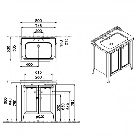 Unitate de baza lavoar baie 80cm, cu usi, cu vanity lavoar / chiuveta baie 3 orificii pentru robinet, steel albastru | 65770 [1]