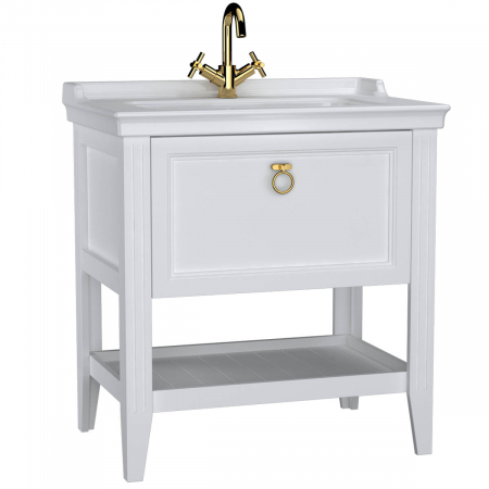 Mobilier de baie - Unitate de baza lavoar baie 80cm, cu drawer, cu vanity lavoar / chiuveta baie cu orificiu baterie, alb mat | 62180