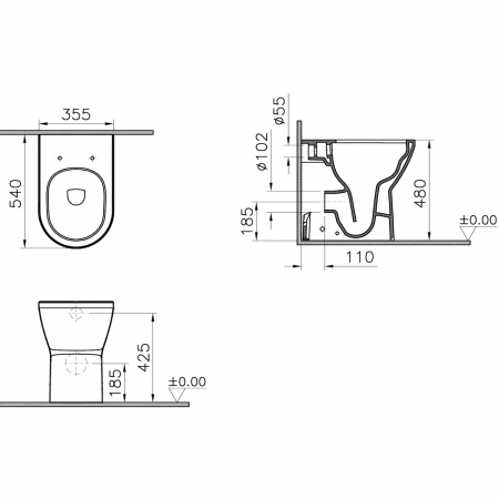Vas WC rimless stativ lipit de perete 54cm, inalt, cu iesire universala, fixare dubla la podea | 7099B003-0087 [1]