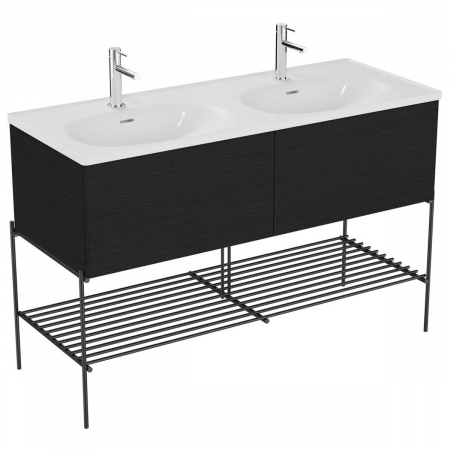 Mobilier de baie - Unitate de baza lavoar baie 130cm cu lavoar dublu / chiuveta baie dubla, cu metal leg, cu 2 drawers, patterned negru oak | 66526