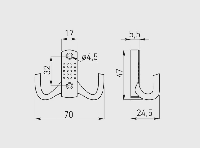 Agatatoare cuier K23 B0 70x47 mm, 2 agatatori, argintiu antichizat [2]