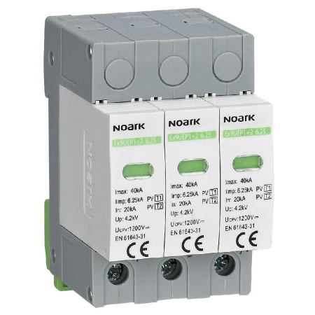 Componente Electrice - Descărcător la supratensiune SPD 3P, 1+2, 1500V DC, cu contact de semnalizare, Noark 111764, pentru sisteme fotovoltaice