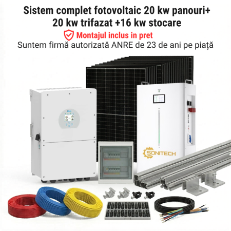 Sisteme Fotovoltaice Complete cu Montaj - Sistem Fotovoltaic 20kW Trifazat Stocare 16kWh Montaj Deye DAH