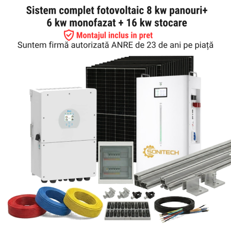 Sisteme Fotovoltaice Complete cu Montaj - Sistem Fotovoltaic 8kW Panouri 6kW Monofazat Stocare 16kWh Montaj Deye