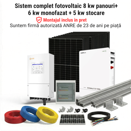 Sisteme Fotovoltaice Complete cu Montaj - Sistem Fotovoltaic 8kW Panouri 6kW Monofazat Stocare 5kWh Montaj Solis