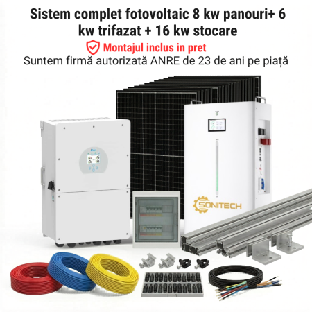 Sisteme Fotovoltaice Complete cu Montaj - Sistem Fotovoltaic 8kW Panouri 6kW Trifazat Stocare 16kWh Montaj Deye