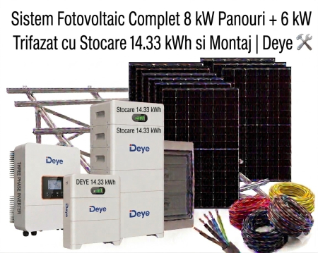 Sisteme Fotovoltaice Complete cu Montaj - Sistem Fotovoltaic 8kW Panouri 6kW Trifazat Stocare 14kWh Montaj Deye