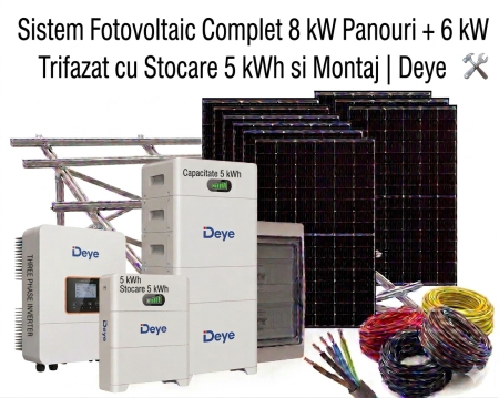 Sisteme Fotovoltaice Complete cu Montaj - Sistem Fotovoltaic 8kW Panouri 6kW Trifazat Stocare 5kWh Montaj Deye