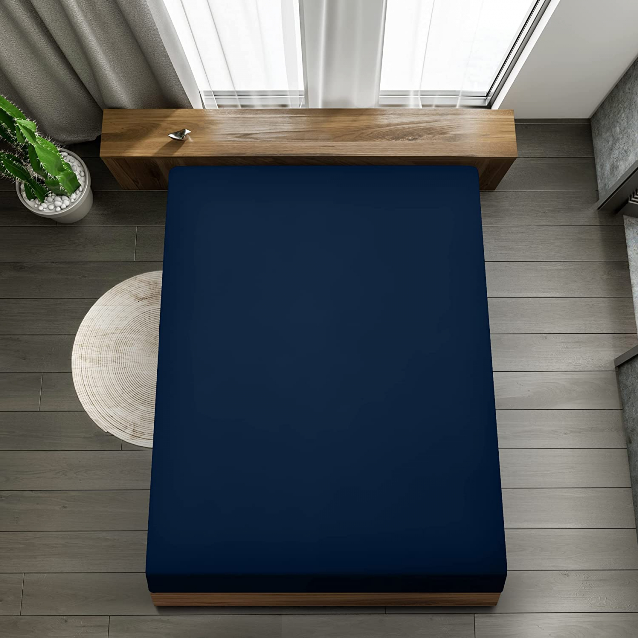 Cearceaf cu elastic, bumbac jersey, 200 x 200 x 25 cm, Albastru inchis [2]
