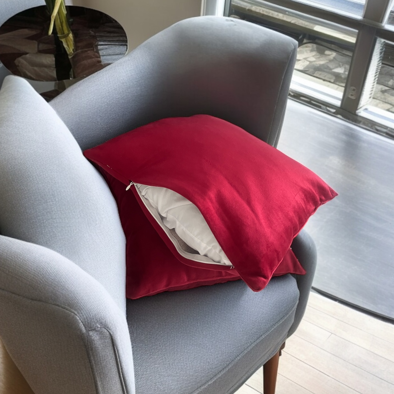 Set 2 fete perna 42 x 42 cm, material catifea, Rosu [2]