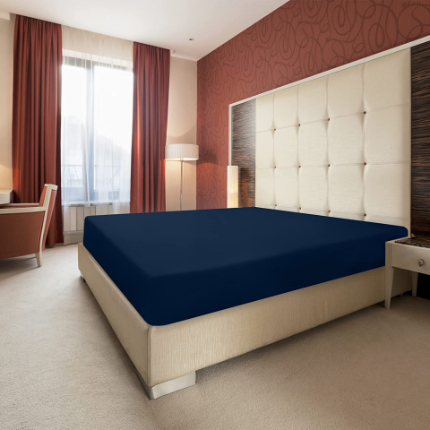 Cearceaf de pat cu elastic - Cearceaf cu elastic, bumbac jersey, 140 x 200 x 25 cm Albastru inchis