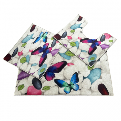 Covoare baie, living, camera, bucatarie - Covoras Baie Set 3 Piese, Antiderapant, 100X60, 50X60, 50X60 cm, Fluturi