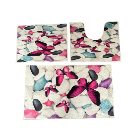 Covoare baie, living, camera, bucatarie - Covoras Baie Set 3 Piese, Antiderapant, 100X60, 50X60, 50X60 cm, Fluturi
