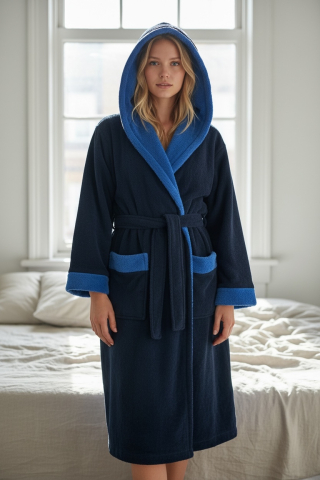 Halate de baie - Halat de baie cocolino cu gluga, Albastru inchis/ albastru