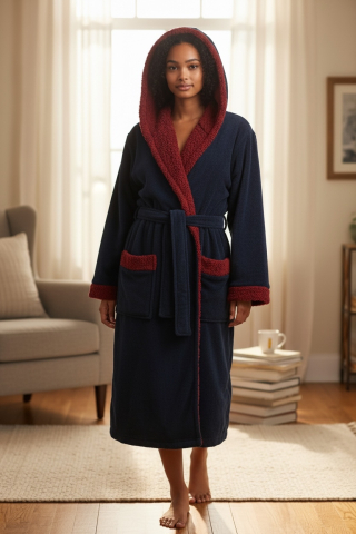 Halate de baie - Halat de baie cocolino cu gluga, Albastru inchis/ rosu