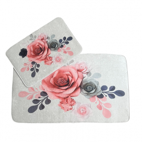 Covoare baie, living, camera, bucatarie - Set covoare baie antiderapante, 2 piese, 60x100 cm/40x60 cm, Roz/verde/albastru