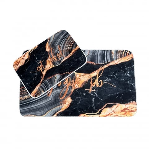 Covoare baie, living, camera, bucatarie - Set covoare baie antiderapante, 2 piese, 60x100 cm/40x60 cm, Negru/gri metalizat