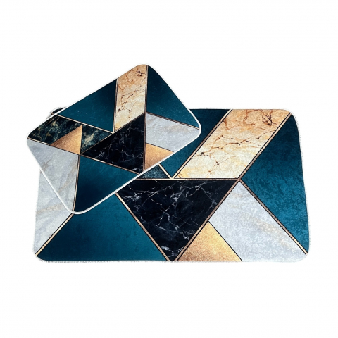 Covoare baie, living, camera, bucatarie - Set covoare baie antiderapante, 2 piese, 60x100 cm/40x60 cm, Gri/turcoaz/negru