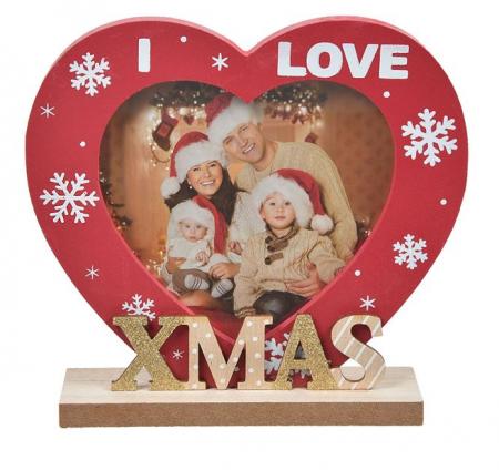 Craciun - Rama Foto de Craciun din Lemn in forma de Inima "I Love Xmas" personalizata