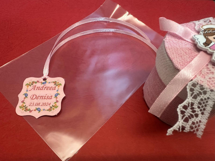 Marturii botez fetita - Caseta cilindru cu material textil si decoratiune din lemn [6]