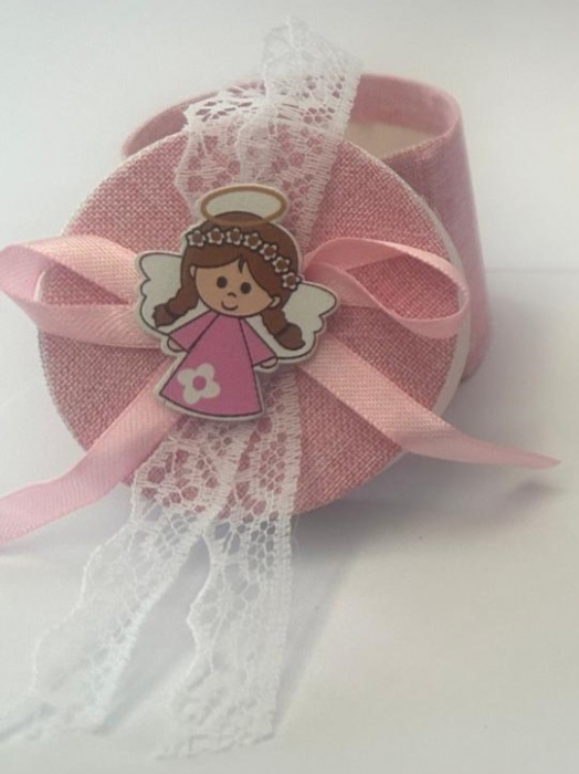 Marturii botez fetita - Caseta cilindru cu material textil si decoratiune din lemn [4]