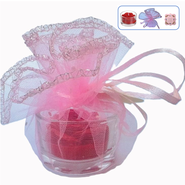 Marturii botez fetita – lumanare trandafir rosu cu tulle roz si eticheta personalizata [7]