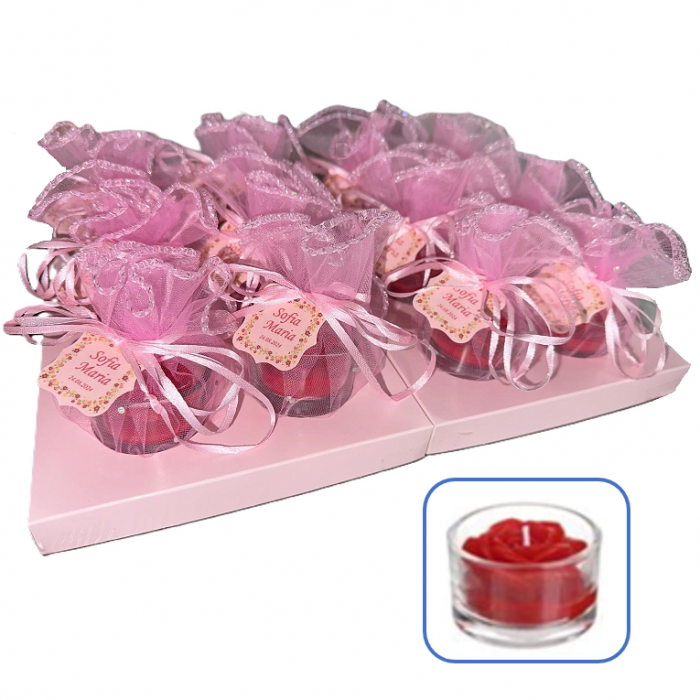 Marturii botez fetita – lumanare trandafir rosu cu tulle roz si eticheta personalizata [2]