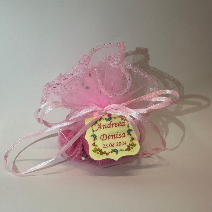 Set marturii botez fetita - 50 tulle organza roz cu snur [3]