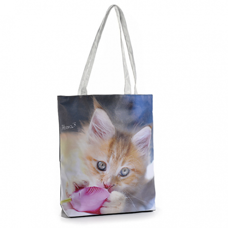 Accesorii femei - Geantă material textil si imitație piele pe partea frontala, cu fermoar și imprimeu „puppy cats” 3