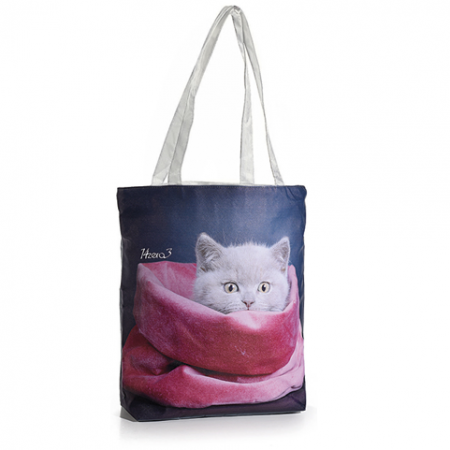 Accesorii femei - Geantă material textil si imitație piele pe partea frontala, cu fermoar și imprimeu „puppy cats” 4