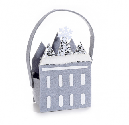 Pungi cadouri Craciun - Gentuta cadou din postav, Casa cu turnuri mici, gri, 9x6,5x13,5 cm