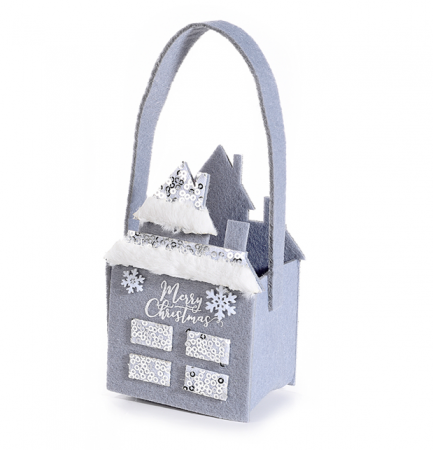 Pungi cadouri Craciun - Gentuta cadou din postav, Casa mica cu turn, gri, 7,5x6,5x12, cm