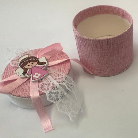Marturii botez fetita - Caseta cilindru cu material textil si decoratiune din lemn [4]