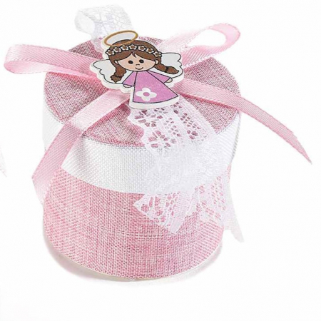 Marturii botez personalizate - Marturii botez fetita - Caseta cilindru cu material textil si decoratiune din lemn