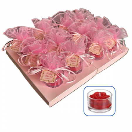 Marturii botez personalizate - Marturii botez fetita – lumanare trandafir rosu cu tulle roz si eticheta personalizata