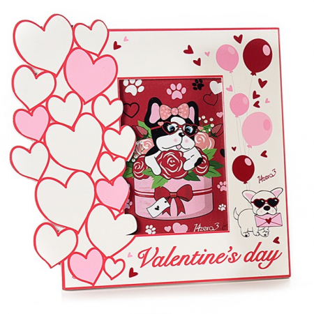 Decoratiuni - Rama foto din lemn Valentine's Day, alba, cu catel
