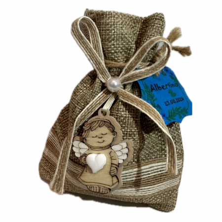 Saculet de iuta cu decoratiune din lemn model inger + eticheta personalizata [2]