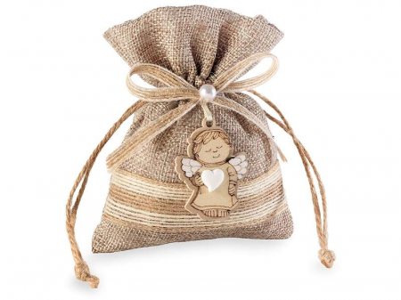 Marturii botez personalizate - Saculet de iuta cu decoratiune din lemn model inger + eticheta personalizata