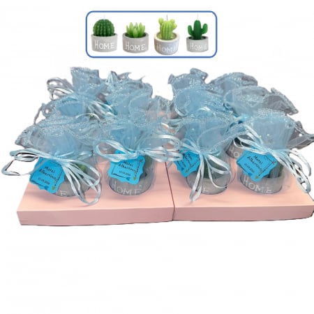 Marturii botez personalizate - Marturii botez baiat – lumanare cactus in ghiveci gri cu tulle albastru si eticheta personalizata